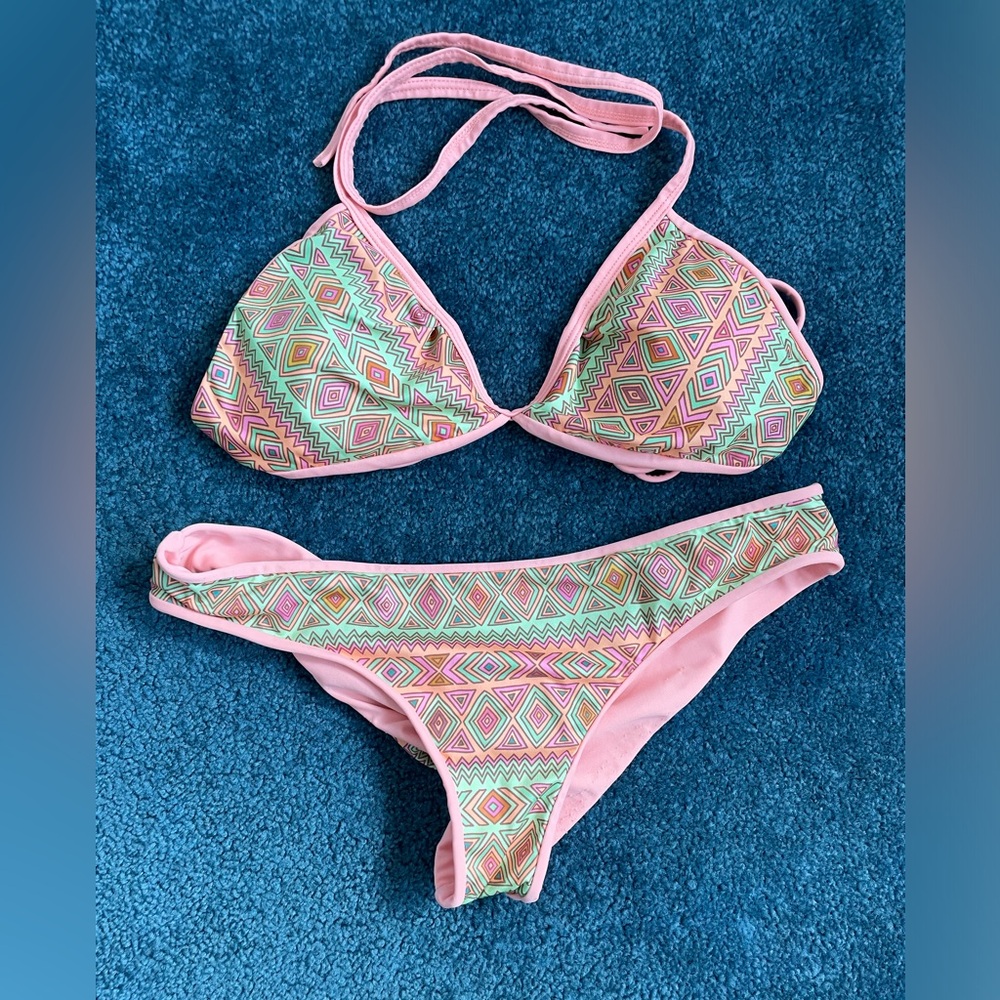 Bikinima Peach & Teal Aztec Pattern Bikini - No Size Tag - Waist on bottom 15.5”